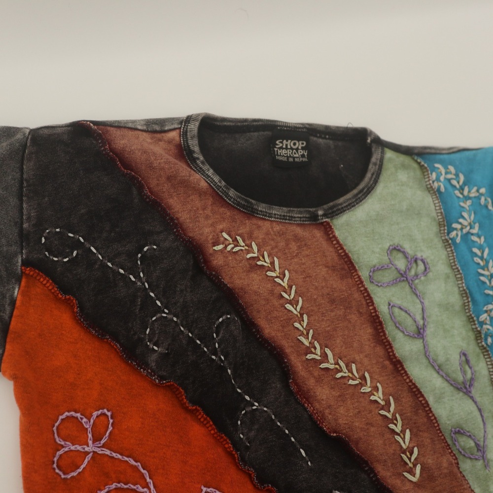 Shop Therapy Patchwork Top Women ML Boho 90s Peace Sign Embroidered Excellent